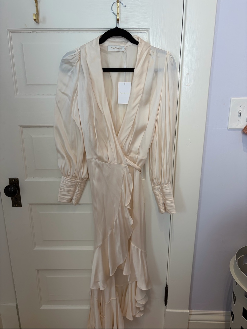 Zimmermann Cream Silk Wrap Midi Dress with Ruffle Hem